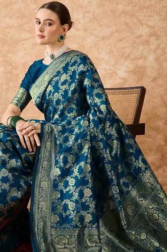teal blue banarasi art silk saree with elegant weaving 