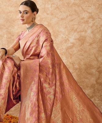 rose gold banarasi art silk saree with opulent weaving work  1
