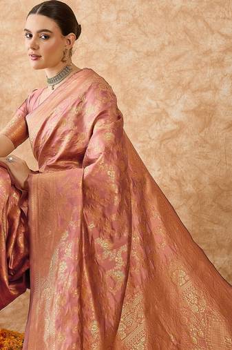 rose gold banarasi art silk saree with opulent weaving work 