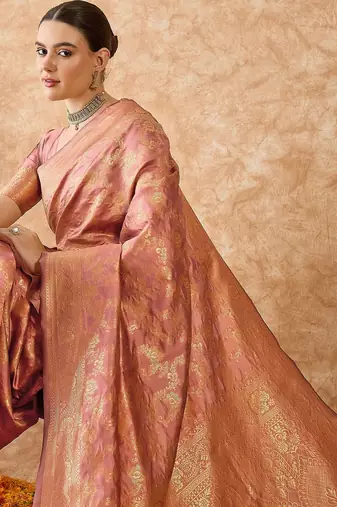 rose gold banarasi art silk saree with opulent weaving work 