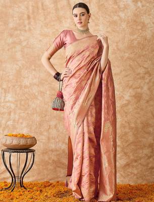rose gold banarasi art silk saree with opulent weaving work  2