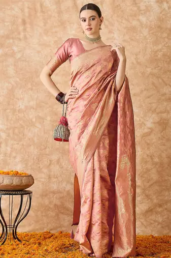 rose gold banarasi art silk saree with opulent weaving work 