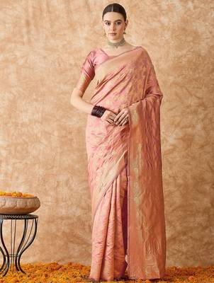 rose gold banarasi art silk saree with opulent weaving work  3