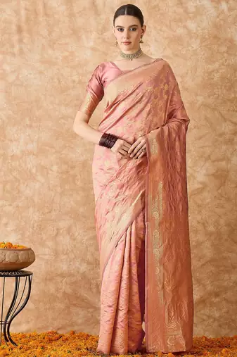 rose gold banarasi art silk saree with opulent weaving work 