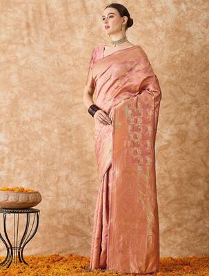rose gold banarasi art silk saree with opulent weaving work  4