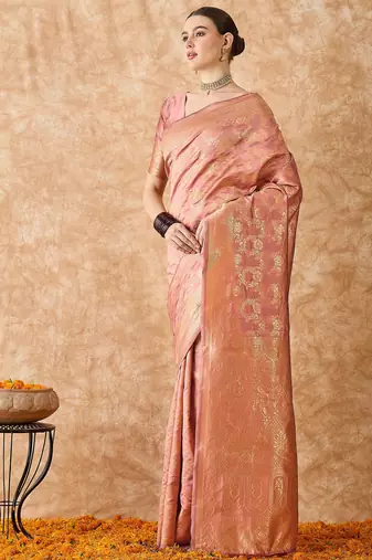 rose gold banarasi art silk saree with opulent weaving work 