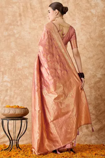 rose gold banarasi art silk saree with opulent weaving work 