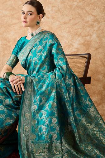 sky blue banarasi art silk saree with intricate weaving patterns 