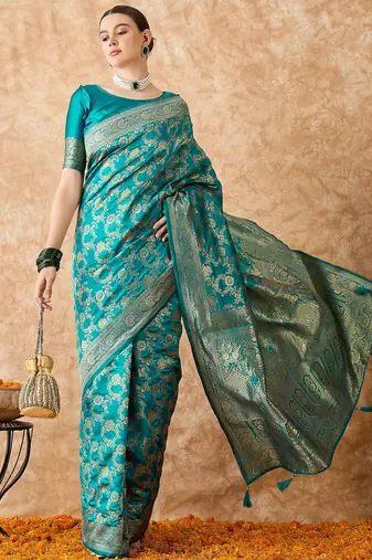 sky blue banarasi art silk saree with intricate weaving patterns 