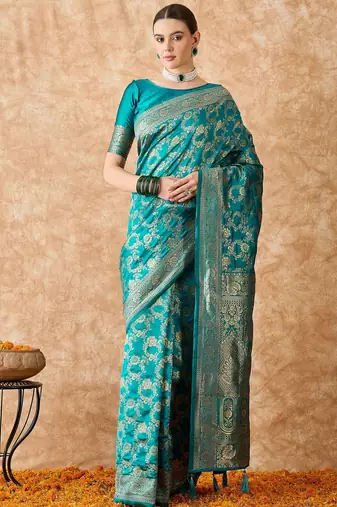sky blue banarasi art silk saree with intricate weaving patterns 