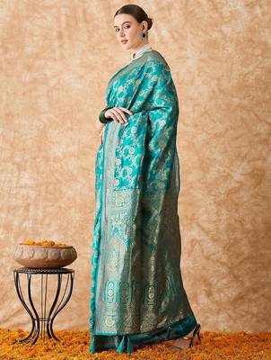 sky blue banarasi art silk saree with intricate weaving patterns  4