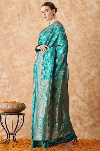 sky blue banarasi art silk saree with intricate weaving patterns 