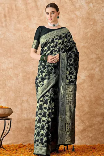 women's black banarasi art silk saree with majestic weaving 