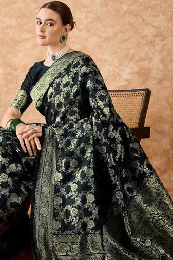 women's black banarasi art silk saree with majestic weaving 