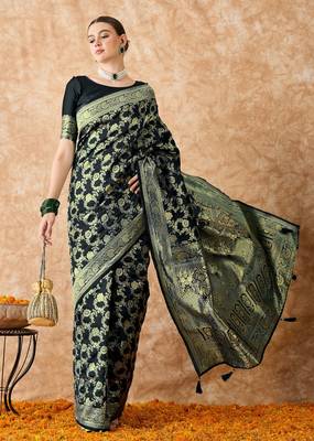 women's black banarasi art silk saree with majestic weaving  3