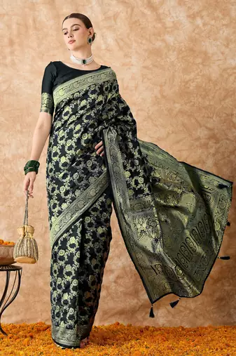 women's black banarasi art silk saree with majestic weaving 