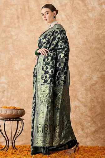 women's black banarasi art silk saree with majestic weaving 