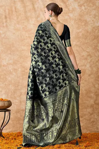 women's black banarasi art silk saree with majestic weaving 