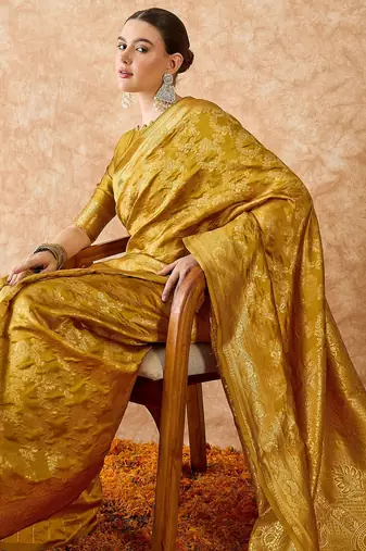 mustard banarasi art silk saree with classic weaving work 
