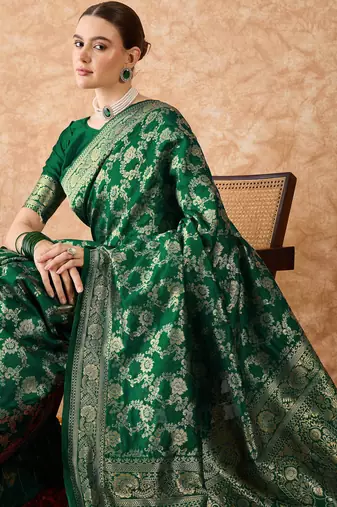 green banarasi art silk saree with eye-catching weaving 