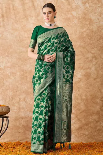 green banarasi art silk saree with eye-catching weaving 