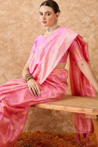 baby pink banarasi art silk saree with artistic weaving work 