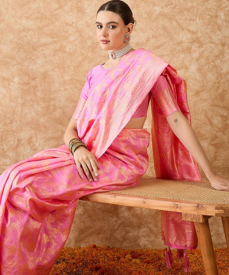 baby pink banarasi art silk saree with artistic weaving work 