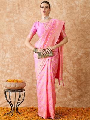 baby pink banarasi art silk saree with artistic weaving work  2