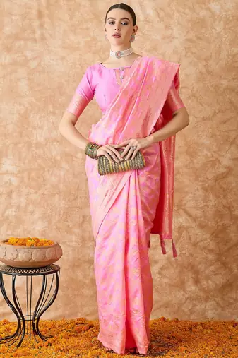 baby pink banarasi art silk saree with artistic weaving work 