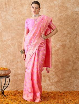 baby pink banarasi art silk saree with artistic weaving work  3