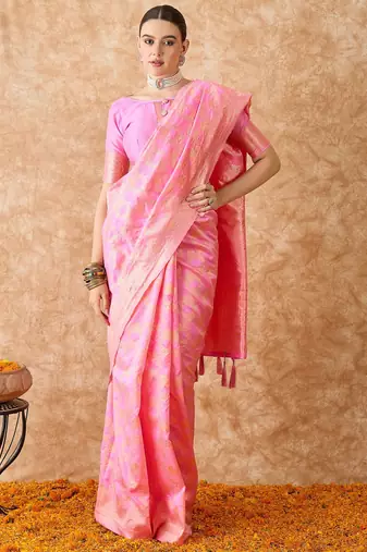 baby pink banarasi art silk saree with artistic weaving work 