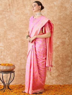 baby pink banarasi art silk saree with artistic weaving work  4