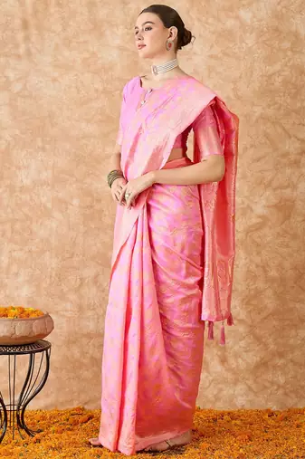 baby pink banarasi art silk saree with artistic weaving work 