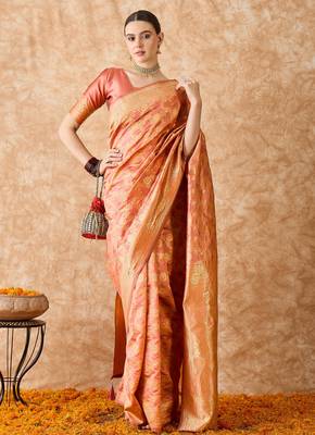 peach banarasi art silk saree for women with elegant weaving  1