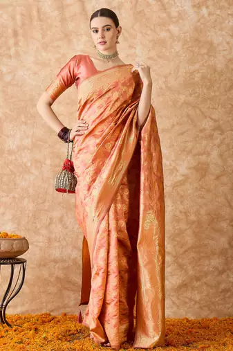 peach banarasi art silk saree for women with elegant weaving 