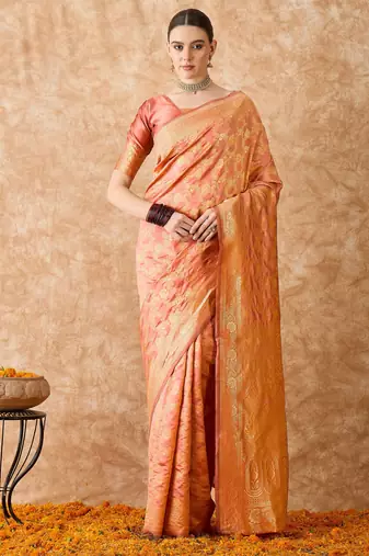 peach banarasi art silk saree for women with elegant weaving 