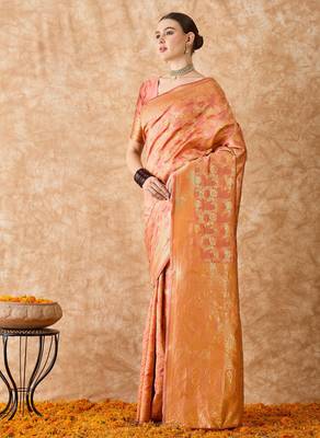 peach banarasi art silk saree for women with elegant weaving  3