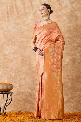 peach banarasi art silk saree for women with elegant weaving 