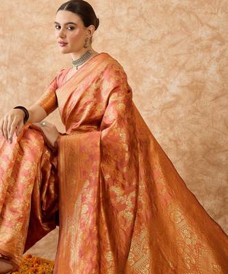 peach banarasi art silk saree for women with elegant weaving  4