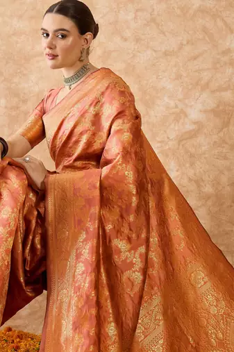 peach banarasi art silk saree for women with elegant weaving 