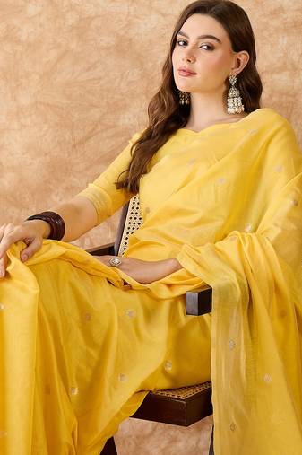 Yellow cotton jacquard saree with stylish weaving work