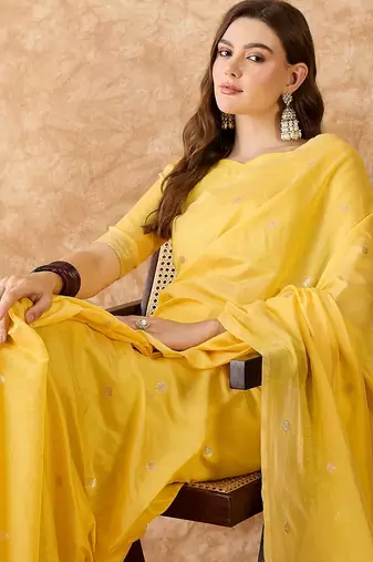 Yellow cotton jacquard saree with stylish weaving work