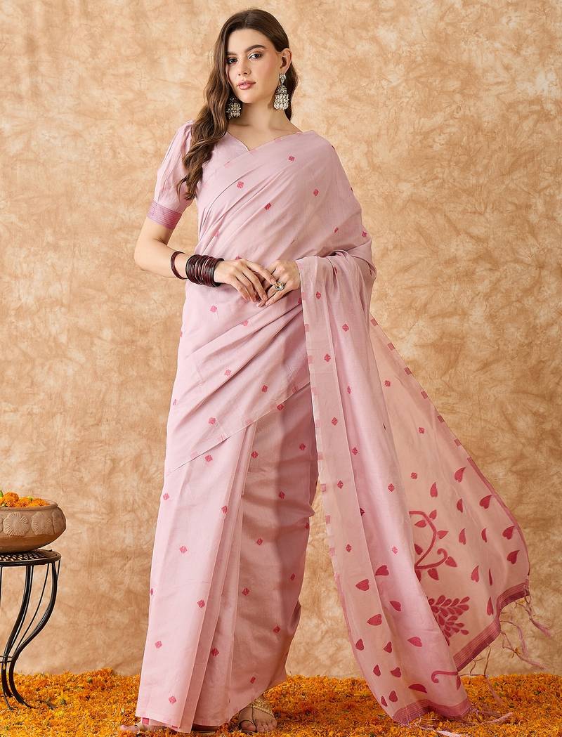 Women's pink cotton jacquard saree with modern weaving