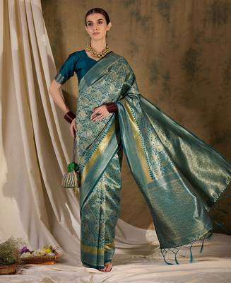 teal blue banarasi art silk saree with stylish weaving pattern  1