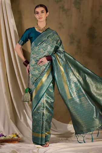 teal blue banarasi art silk saree with stylish weaving pattern 