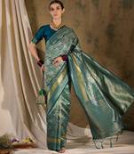 teal blue banarasi art silk saree with stylish weaving pattern 