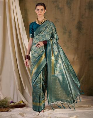 teal blue banarasi art silk saree with stylish weaving pattern  2