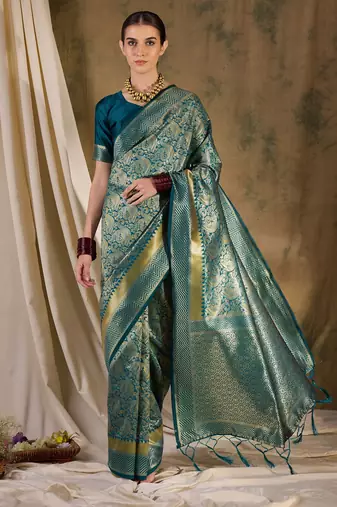 teal blue banarasi art silk saree with stylish weaving pattern 