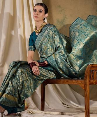 teal blue banarasi art silk saree with stylish weaving pattern  3