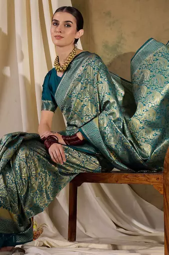 teal blue banarasi art silk saree with stylish weaving pattern 